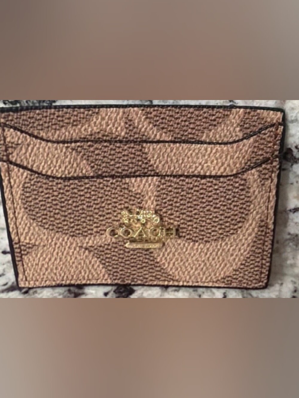 Coach Tan and Brown Signature Card Holder with Gold Logo